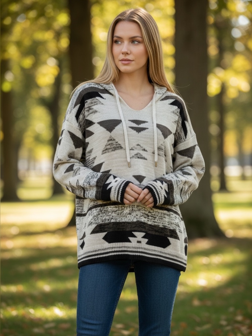 American Eagle Hooded Southwest Aztec Knit Sweater Hoodie Small Cotton